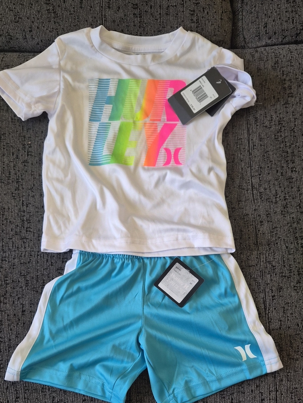 Hurley White Tee with Neon Graphic & Light Blue Shorts